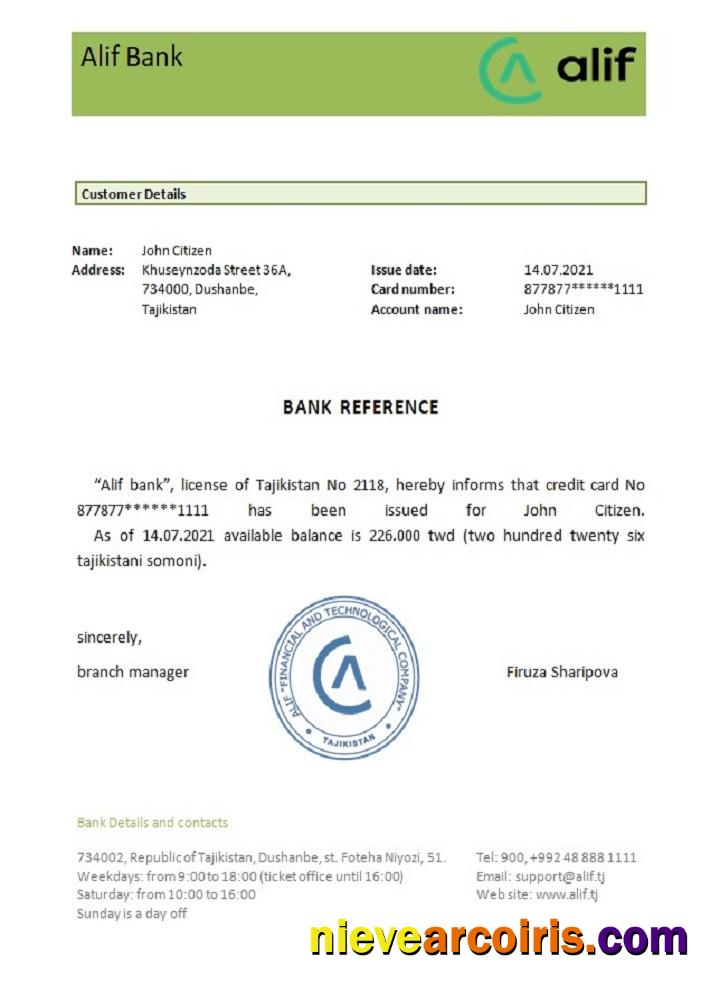 Tajikistan Alif bank reference